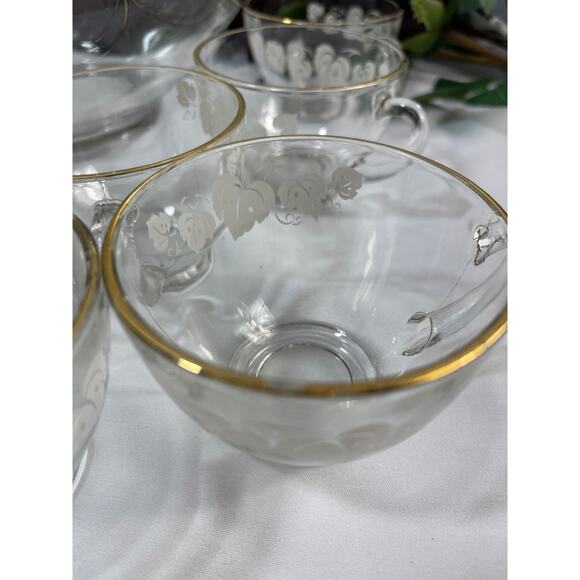 Vintage Anchor Hocking Punch Bowl Set with 12 Cups - Gold Rim and Grape Leaves - Picture 13 of 13